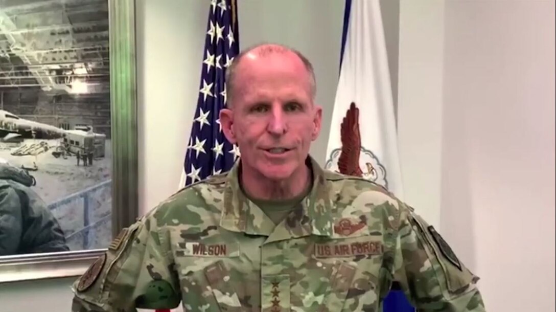 Gen. Stephen Wilson, Vice Chief of Staff of the Air Force and former 14th Flying Training Wing commander, virtually congratulates Specialized Undergraduate Pilot Training Class 20-14/15 via video on May 15, 2020, at Columbus Air Force Base, Miss. Wilson served as 14th FTW commander from March 2004 through June 2006. (U.S. Air Force photo by Airman 1st Class Davis Donaldson)