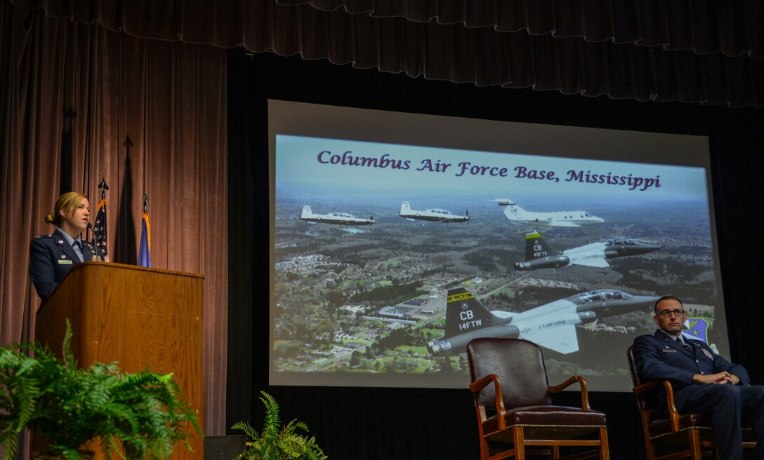 Col. Samantha Weeks, former 14th Flying Training Wing commander, speaks at the graduation ceremony for Specialized Undergraduate Pilot Training Class 20-14/15 on May 15, 2020, at Columbus Air Force Base, Miss. Weeks relinquished command of the 14th FTW on May 21, 2020. (U.S. Air Force photo by Airman 1st Class Davis Donaldson)