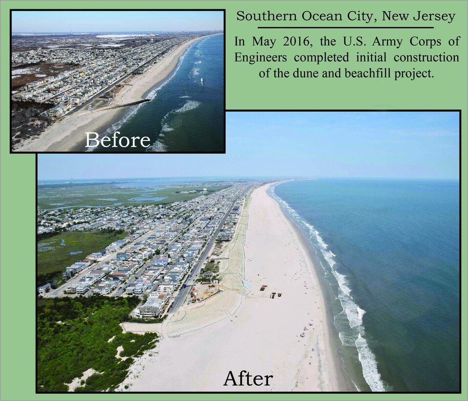 The initial construction of the Great Egg Harbor Inlet to Townsends Inlet project was completed in the spring of 2016.  Work includes constructing a dune and berm system in  southern Ocean City, Strathmere in Upper Township, and Sea Isle City.