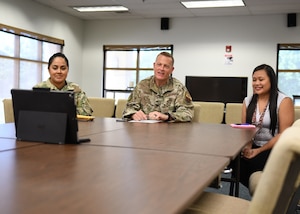 Recce Town Chaplain Corps personnel attend a video chat meeting with the Chief of Chaplains, May 26, 2020, at Beale Air Force Base California. During the meeting, Maj. Gen. Schaick discussed how the Chaplin Corps mission at Recce Town has been altered by the pandemic and some of the things they are doing to meet the spiritual needs of Airmen at Beale. (U.S. Air Force photo by Airman 1st Class Luis A. Ruiz-Vazquez)