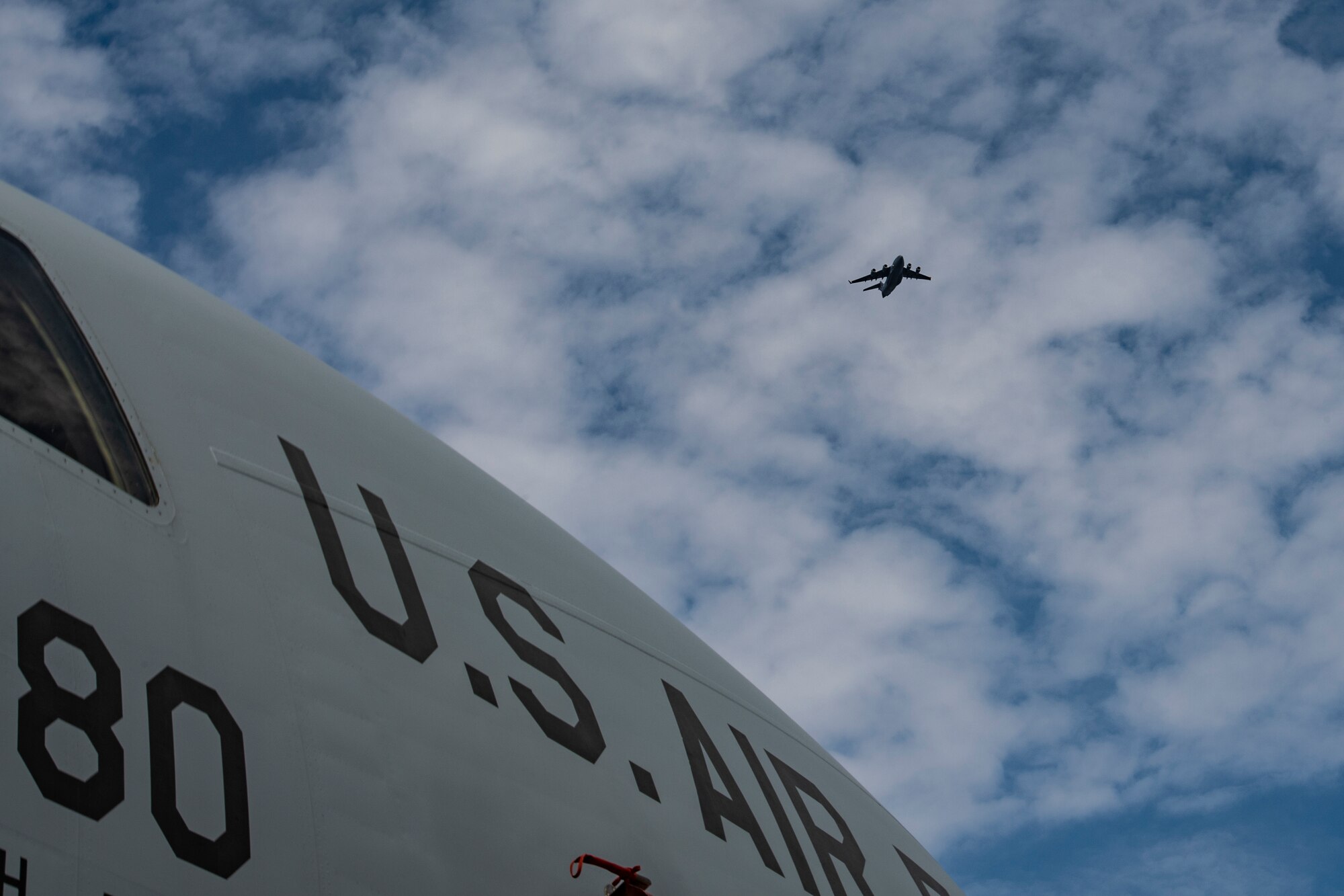 A C-17 Globemaster III assigned to the 911th Airlift Wing flies over the Pittsburgh International Airport Air Reserve Station, Pennsylvania, May 2, 2020.