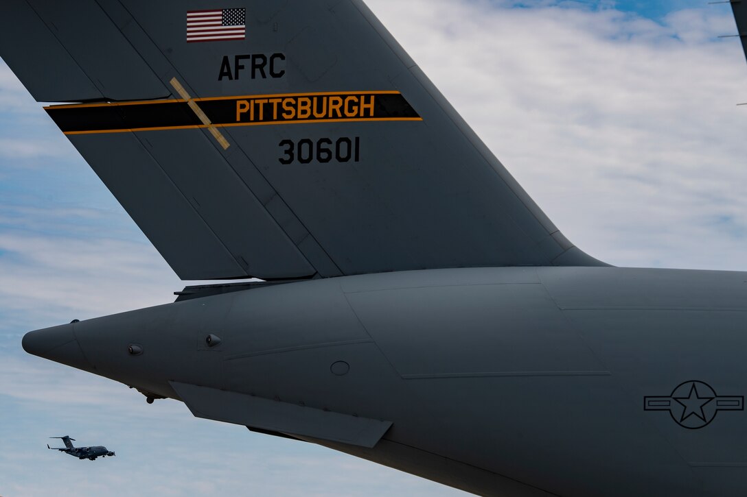 A C-17 Globemaster III assigned to the 911th Airlift Wing prepares to land at the Pittsburgh International Airport Air Reserve Station, Pennsylvania, May 2, 2020.