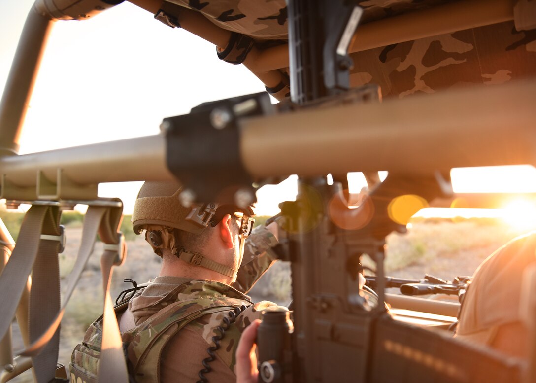 Capt. Richard Cordova, 56th Security Forces Squadron Defense Force Operations officer, conduct a patrol May 21, 2020, at the Luke Air Force Base auxiliary range in Ariz.