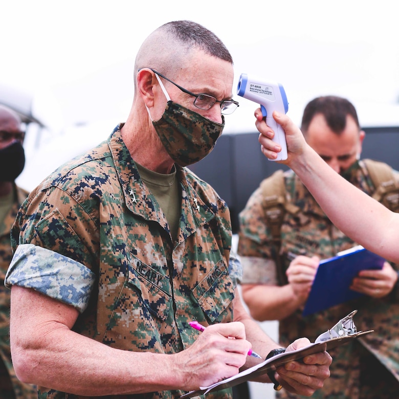 Marine Corps general going through a COVID-19 screening.