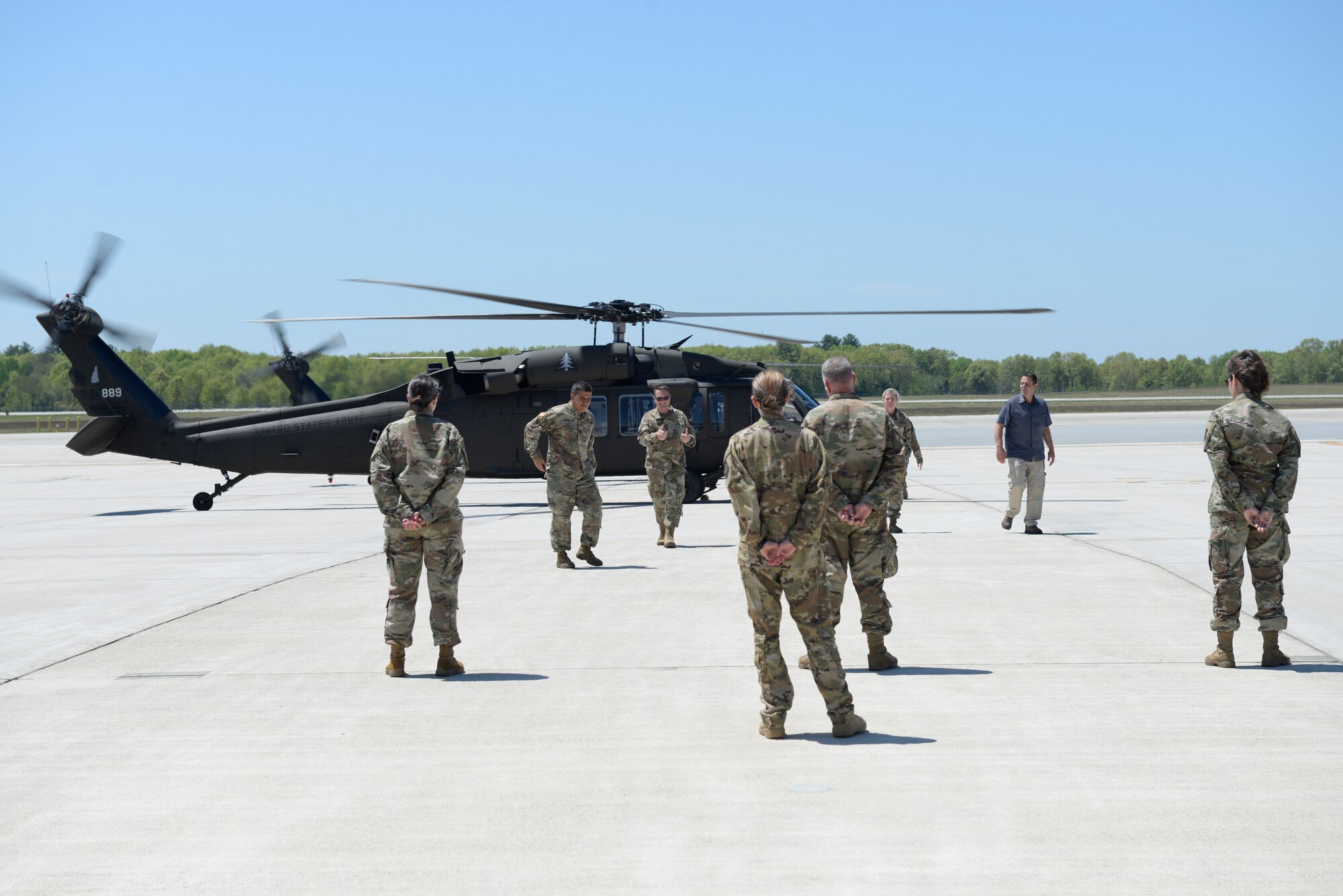 Gen. Joseph L. Lengyel, the Chief of the National Guard Bureau, gives the thumbs up sign as he disembarks an HH60M Black Hawk at Pease Air National Guard Base, Newington, N.H., after a flight to Concord to learn about the NHNG's involvment in the state's response to the COVID-19 pandemic, May 27, 2020. Lengyel arrived at Pease earlier that day and toured a KC-46A Pegasus. (U.S. Air National Guard photo by Senior Master Sgt. Timm Huffman)