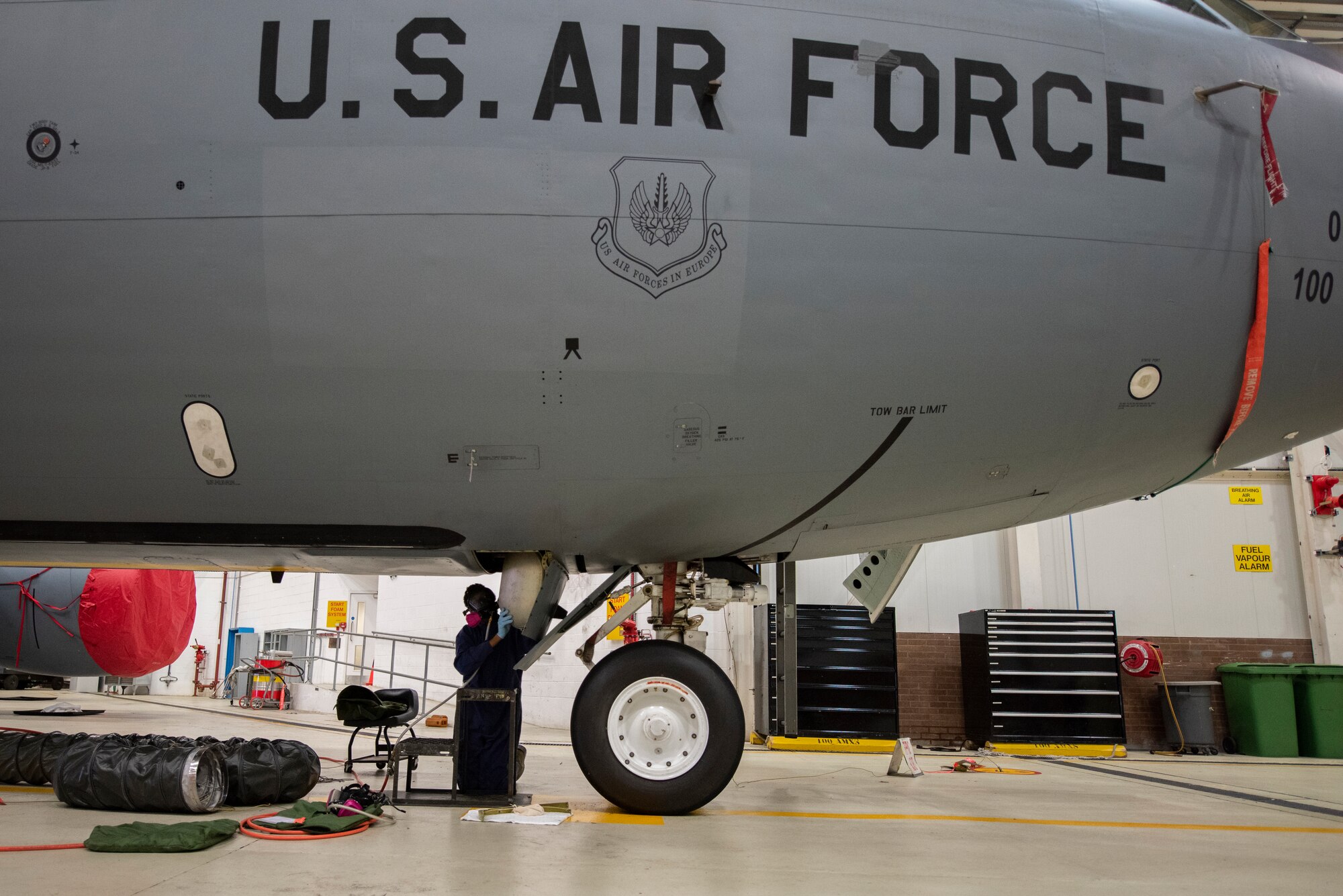 Airman 1st Class Dezmond Ross, 100th Maintenance Squadron fuel systems repair apprentice, removes an access door to an interior fuel cell of a KC-135 Stratotanker at RAF Mildenhall, England, May 27, 2020. The fuel systems repair shop supports the diverse mission sets of Team Mildenhall by performing maintenance on all permanently stationed aircraft. (U.S. Air Force photo by Airman 1st Class Joseph Barron)