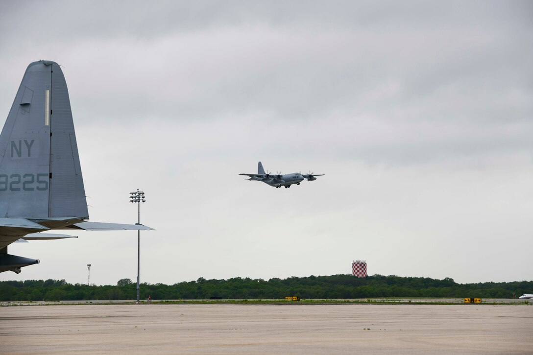 Lockheed Martin delivers the first KC-130J Super Hercules tanker assigned to Marine Aerial Refueler Transport Squadron 452 (VMGR-452), the Marine Forces Reserve squadron, May 28, 2020, at Stewart Air National Guared Base, Newburgh, New York (U.S. Air Force Photo by Senior Airman Jonathan Lane/Released). A U.S. Marine Corps crew ferried the aircraft from Lockheed Martin's facility in Marietta, GA to NY.
