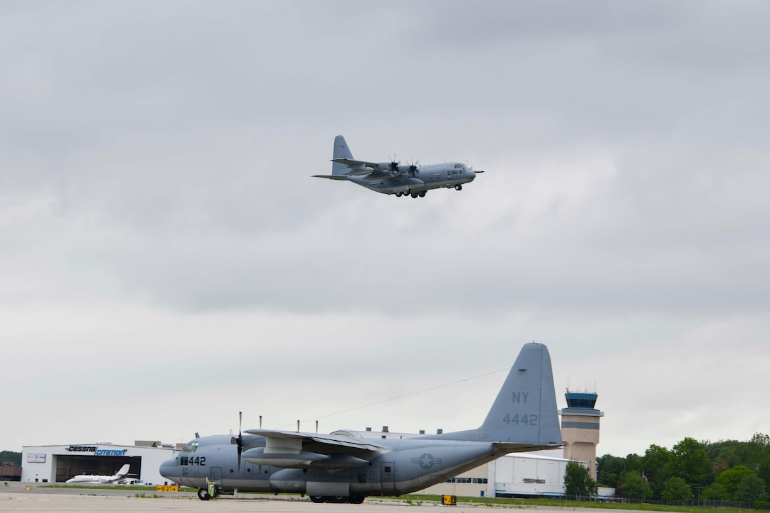 Lockheed Martin delivers the first KC-130J Super Hercules tanker assigned to Marine Aerial Refueler Transport Squadron 452 (VMGR-452), the Marine Forces Reserve squadron, May 28, 2020, at Stewart Air National Guared Base, Newburgh, New York (U.S. Air Force Photo by Senior Airman Jonathan Lane/Released). A U.S. Marine Corps crew ferried the aircraft from Lockheed Martin's facility in Marietta, GA to NY.