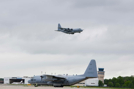 Lockheed Martin delivers the first KC-130J Super Hercules tanker assigned to Marine Aerial Refueler Transport Squadron 452 (VMGR-452), the Marine Forces Reserve squadron, May 28, 2020, at Stewart Air National Guared Base, Newburgh, New York (U.S. Air Force Photo by Senior Airman Jonathan Lane/Released). A U.S. Marine Corps crew ferried the aircraft from Lockheed Martin's facility in Marietta, GA to NY.