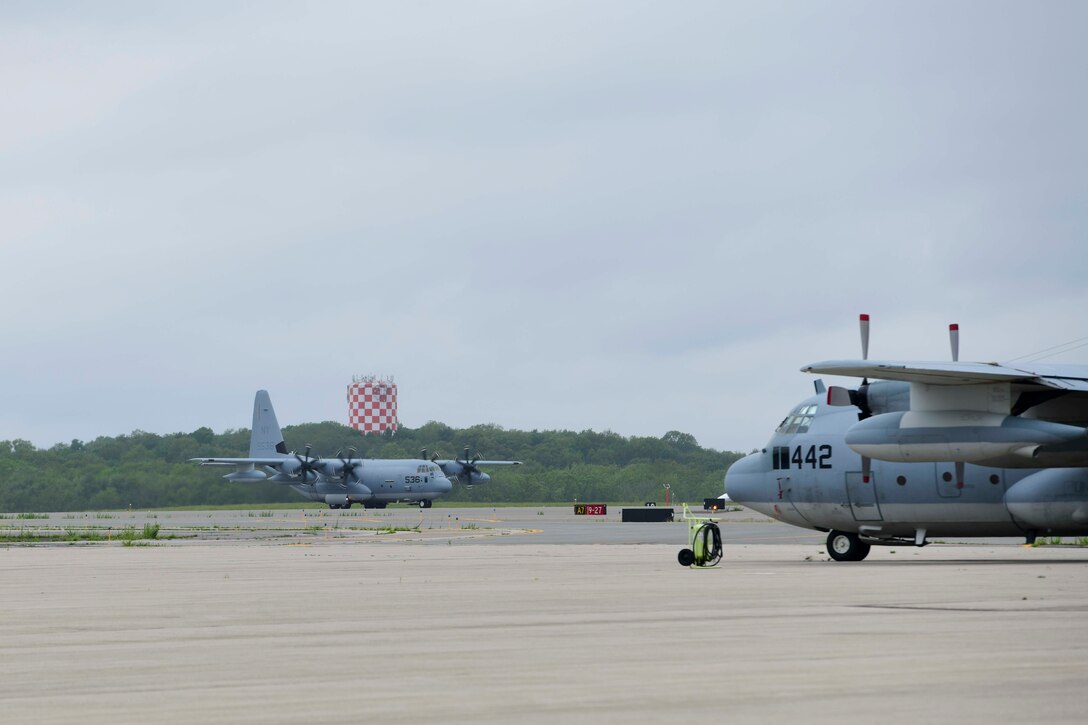 Lockheed Martin delivers the first KC-130J Super Hercules tanker assigned to Marine Aerial Refueler Transport Squadron 452 (VMGR-452), the Marine Forces Reserve squadron, May 28, 2020, at Stewart Air National Guared Base, Newburgh, New York (U.S. Air Force Photo by Senior Airman Jonathan Lane/Released). A U.S. Marine Corps crew ferried the aircraft from Lockheed Martin's facility in Marietta, GA to NY.