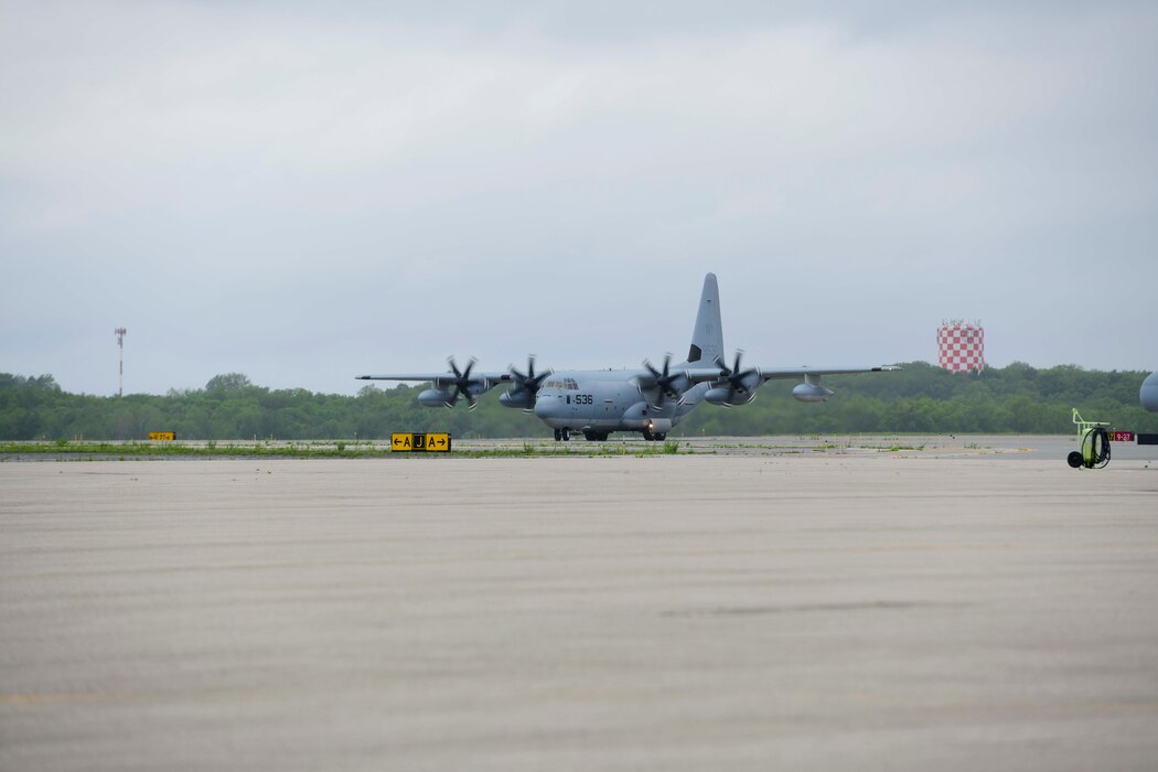 Lockheed Martin delivers the first KC-130J Super Hercules tanker assigned to Marine Aerial Refueler Transport Squadron 452 (VMGR-452), the Marine Forces Reserve squadron, May 28, 2020, at Stewart Air National Guared Base, Newburgh, New York (U.S. Air Force Photo by Senior Airman Jonathan Lane/Released). A U.S. Marine Corps crew ferried the aircraft from Lockheed Martin's facility in Marietta, GA to NY.