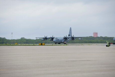 Lockheed Martin delivers the first KC-130J Super Hercules tanker assigned to Marine Aerial Refueler Transport Squadron 452 (VMGR-452), the Marine Forces Reserve squadron, May 28, 2020, at Stewart Air National Guared Base, Newburgh, New York (U.S. Air Force Photo by Senior Airman Jonathan Lane/Released). A U.S. Marine Corps crew ferried the aircraft from Lockheed Martin's facility in Marietta, GA to NY.
