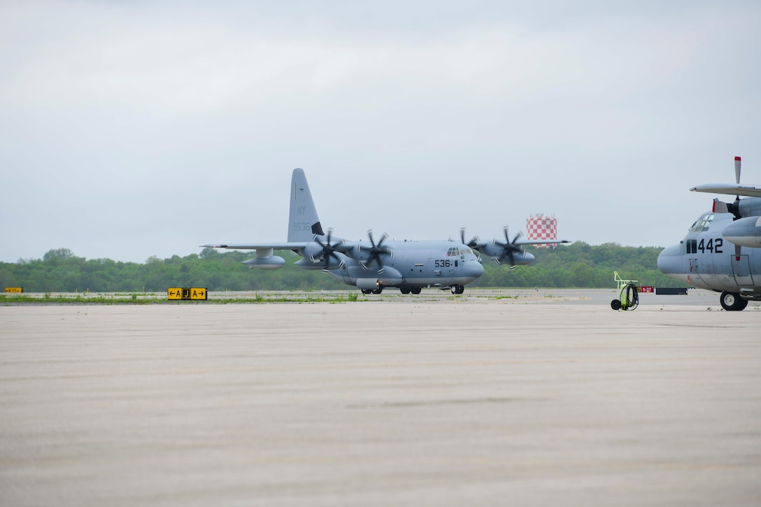 Lockheed Martin delivers the first KC-130J Super Hercules tanker assigned to Marine Aerial Refueler Transport Squadron 452 (VMGR-452), the Marine Forces Reserve squadron, May 28, 2020, at Stewart Air National Guared Base, Newburgh, New York (U.S. Air Force Photo by Senior Airman Jonathan Lane/Released). A U.S. Marine Corps crew ferried the aircraft from Lockheed Martin's facility in Marietta, GA to NY.