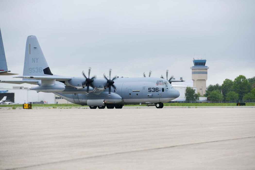 Lockheed Martin delivers the first KC-130J Super Hercules tanker assigned to Marine Aerial Refueler Transport Squadron 452 (VMGR-452), the Marine Forces Reserve squadron, May 28, 2020, at Stewart Air National Guared Base, Newburgh, New York (U.S. Air Force Photo by Senior Airman Jonathan Lane/Released). A U.S. Marine Corps crew ferried the aircraft from Lockheed Martin's facility in Marietta, GA to NY.