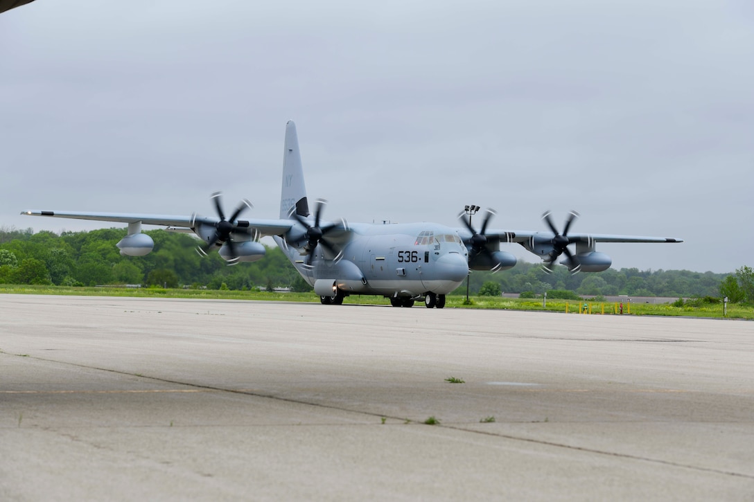 Lockheed Martin delivers the first KC-130J Super Hercules tanker assigned to Marine Aerial Refueler Transport Squadron 452 (VMGR-452), the Marine Forces Reserve squadron, May 28, 2020, at Stewart Air National Guared Base, Newburgh, New York (U.S. Air Force Photo by Senior Airman Jonathan Lane/Released). A U.S. Marine Corps crew ferried the aircraft from Lockheed Martin's facility in Marietta, GA to NY.