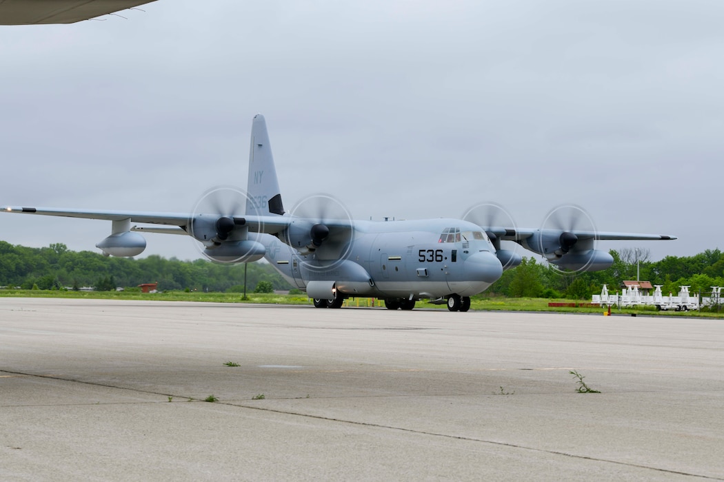 Lockheed Martin delivers the first KC-130J Super Hercules tanker assigned to Marine Aerial Refueler Transport Squadron 452 (VMGR-452), the Marine Forces Reserve squadron, May 28, 2020, at Stewart Air National Guared Base, Newburgh, New York (U.S. Air Force Photo by Senior Airman Jonathan Lane/Released). A U.S. Marine Corps crew ferried the aircraft from Lockheed Martin's facility in Marietta, GA to NY.