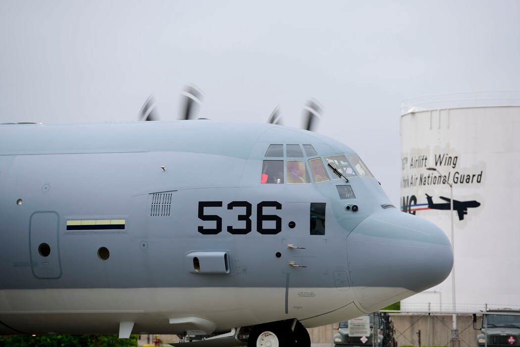 Lockheed Martin delivers the first KC-130J Super Hercules tanker assigned to Marine Aerial Refueler Transport Squadron 452 (VMGR-452), the Marine Forces Reserve squadron, May 28, 2020, at Stewart Air National Guared Base, Newburgh, New York (U.S. Air Force Photo by Senior Airman Jonathan Lane/Released). A U.S. Marine Corps crew ferried the aircraft from Lockheed Martin's facility in Marietta, GA to NY.