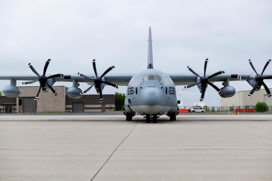 Lockheed Martin delivers the first KC-130J Super Hercules tanker assigned to Marine Aerial Refueler Transport Squadron 452 (VMGR-452), the Marine Forces Reserve squadron, May 28, 2020, at Stewart Air National Guared Base, Newburgh, New York (U.S. Air Force Photo by Senior Airman Jonathan Lane/Released). A U.S. Marine Corps crew ferried the aircraft from Lockheed Martin's facility in Marietta, GA to NY.