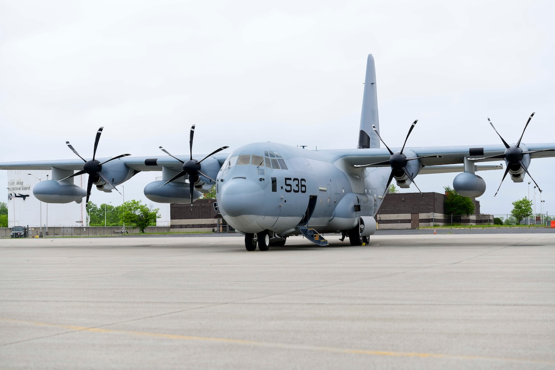 Lockheed Martin delivers the first KC-130J Super Hercules tanker assigned to Marine Aerial Refueler Transport Squadron 452 (VMGR-452), the Marine Forces Reserve squadron, May 28, 2020, at Stewart Air National Guared Base, Newburgh, New York (U.S. Air Force Photo by Senior Airman Jonathan Lane/Released). A U.S. Marine Corps crew ferried the aircraft from Lockheed Martin's facility in Marietta, GA to NY.