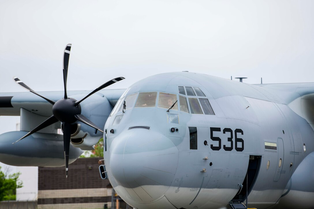 Lockheed Martin delivers the first KC-130J Super Hercules tanker assigned to Marine Aerial Refueler Transport Squadron 452 (VMGR-452), the Marine Forces Reserve squadron, May 28, 2020, at Stewart Air National Guared Base, Newburgh, New York (U.S. Air Force Photo by Senior Airman Jonathan Lane/Released). A U.S. Marine Corps crew ferried the aircraft from Lockheed Martin's facility in Marietta, GA to NY.