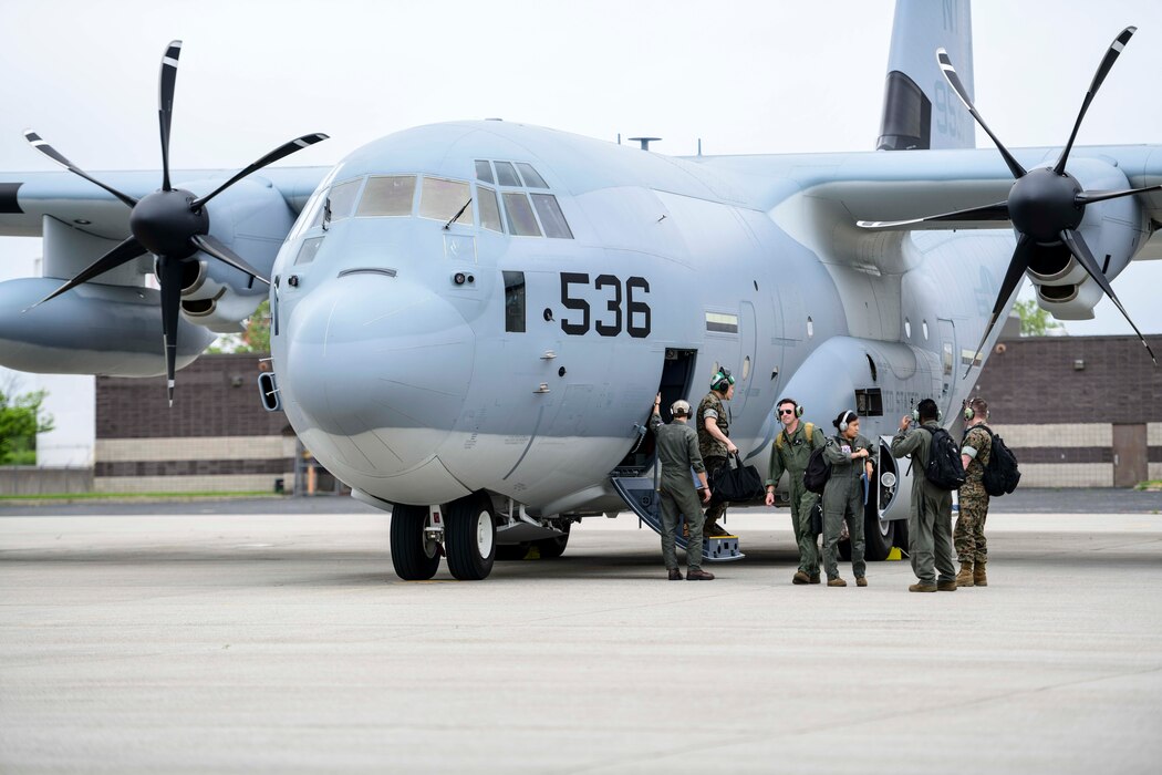 Lockheed Martin delivers the first KC-130J Super Hercules tanker assigned to Marine Aerial Refueler Transport Squadron 452 (VMGR-452), the Marine Forces Reserve squadron, May 28, 2020, at Stewart Air National Guared Base, Newburgh, New York (U.S. Air Force Photo by Senior Airman Jonathan Lane/Released). A U.S. Marine Corps crew ferried the aircraft from Lockheed Martin's facility in Marietta, GA to NY.