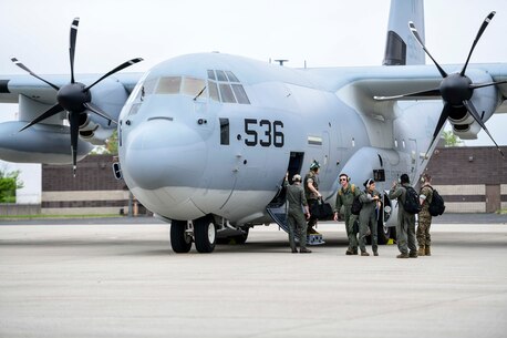 Lockheed Martin delivers the first KC-130J Super Hercules tanker assigned to Marine Aerial Refueler Transport Squadron 452 (VMGR-452), the Marine Forces Reserve squadron, May 28, 2020, at Stewart Air National Guared Base, Newburgh, New York (U.S. Air Force Photo by Senior Airman Jonathan Lane/Released). A U.S. Marine Corps crew ferried the aircraft from Lockheed Martin's facility in Marietta, GA to NY.