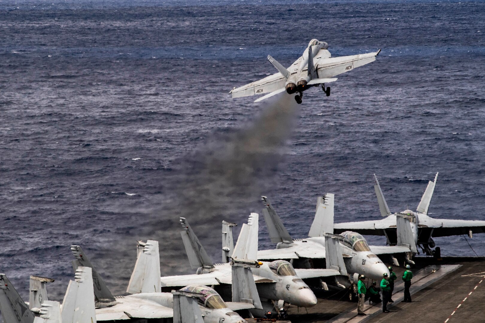 An F/A-18E Super Hornet, assigned to the "Sunliners" of Strike Fighter Squadron (VFA) 81, launches from the flight deck of the Nimitz-class aircraft carrier USS Harry S. Truman (CVN 75) in the Atlantic Ocean on May 12. The Harry S. Truman Carrier Strike Group remains at sea in the Atlantic as a certified carrier strike group force ready for tasking in order to protect the crew from the risks posed by COVID-19, following their successful deployment to the U.S. 5th and 6th Fleet areas of operation. Keeping HSTCSG at sea in U.S. 2nd Fleet, in the sustainment phase of OFRP, allows the ship to maintain a high level of readiness during the global COVID-19 pandemic.