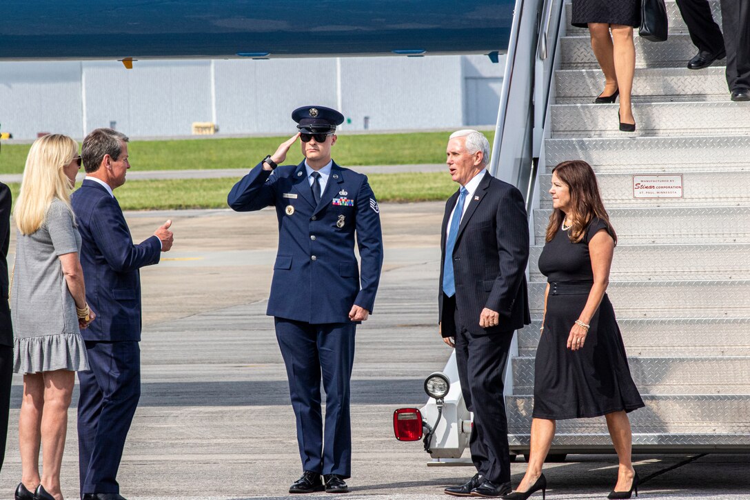 Vice President Mike Pence landed at Dobbins Air Reserve Base, Ga. on May 29, 2020. This is the second visit within a week for Pence. (U.S. Army National Guard photo by Spc. Tori Miller)