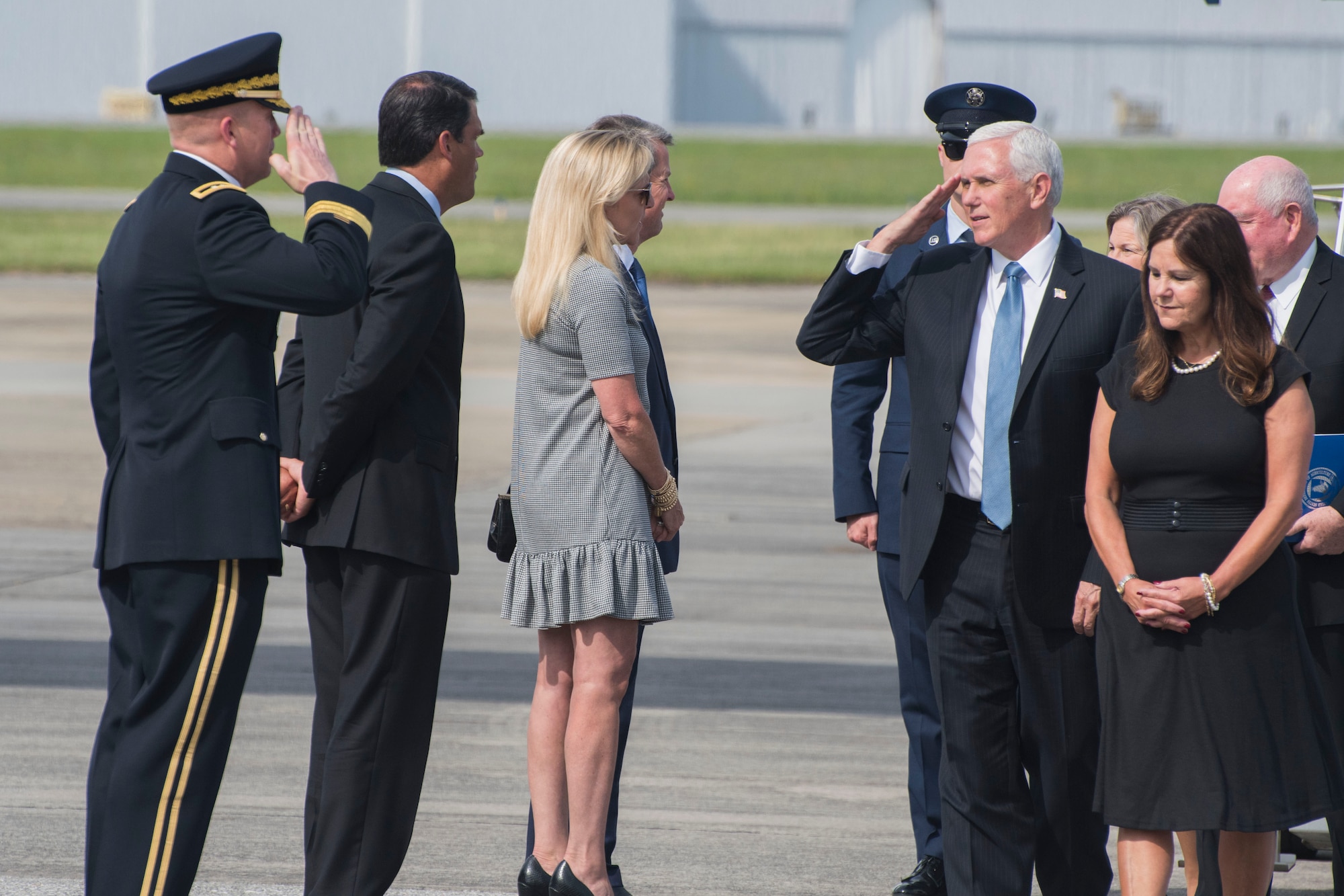Maj. Gen. Thomas Carden, The Adjutant General of the Georgia Department of Defense, salutes Vice President Michael Pence, at Dobbins Air Reserve Base, Ga. on May 29, 2020. Air Force Two landed here around 10 a.m., where the vice president was greeted by Georgia Gov. Brian Kemp and his wife, Marty; Georgia Lt. Gov. Geoff Duncan; and Carden. (U.S. Air Force photo/Andrew Park)