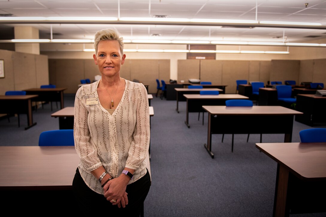 Jill Coles, the test control manager assigned to the 97th Force Support Squadron education center, waits for Airmen to arrive for promotion testing, May 28, 2020 at Altus Air Force Base, Oklahoma.