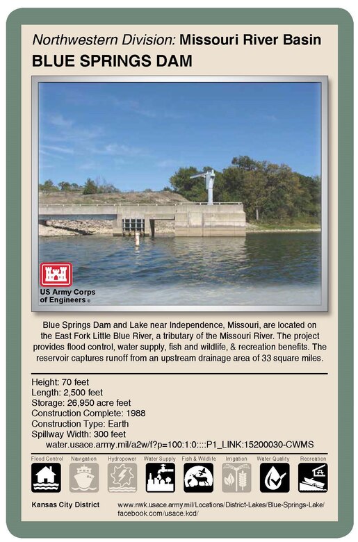 Living with dams is a shared responsibility and requires constant assessment, continuous communication and engagement with local public and emergency management agencies. The Kansas City District, U.S. Army Corps of Engineers, operates and manages 18 dams in Missouri, Kansas, Nebraska and Iowa. Flood control serves as the primary purpose of these dams. Corps reservoirs provide many other benefits including recreation activities.