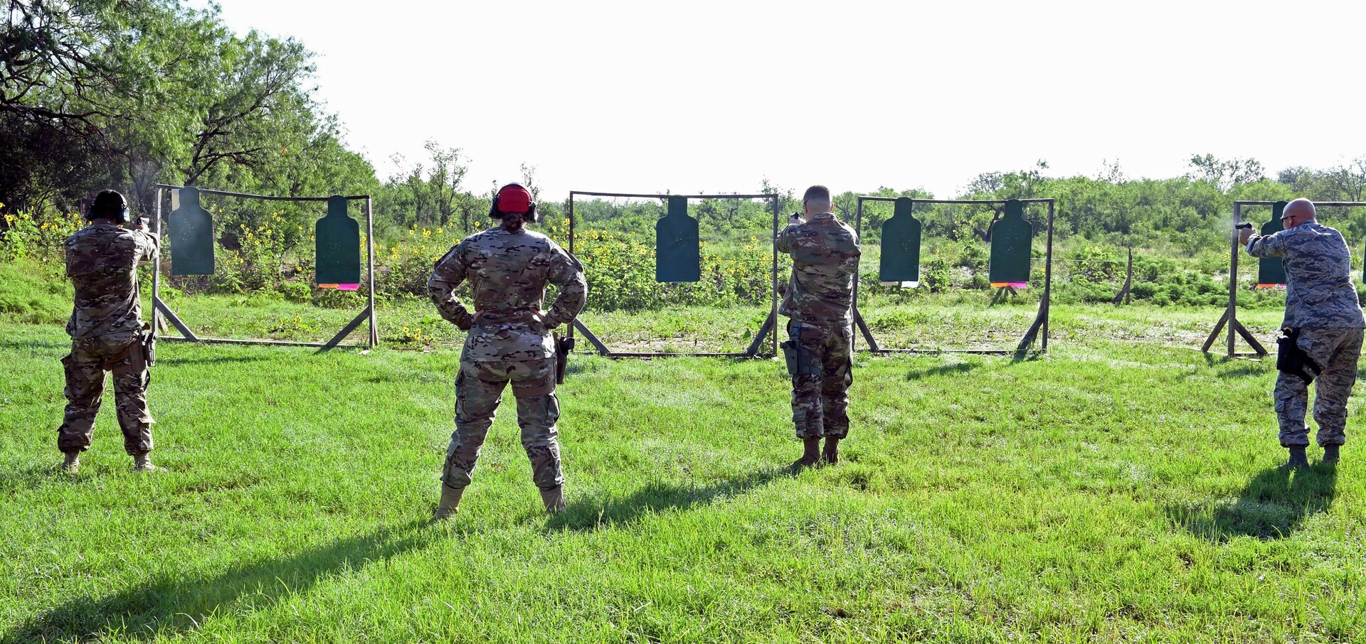 Air National Guard members from the 149th Security Forces Squadron conduct weapons qualification training at a firing range at Joint Base San Antonio-Lackland’s Chapman Training Annex May 27. Members from the 149th SFS received pistol, shotgun and grenade training during the all-day event.