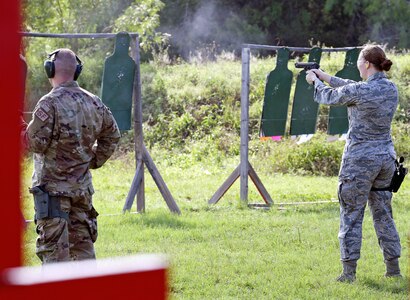 Air National Guard members from the 149th Security Forces Squadron conduct weapons qualification training at a firing range at Joint Base San Antonio-Lackland’s Chapman Training Annex May 27. Members from the 149th SFS received training on the M-9 pistol, the shotgun and grenades during the all-day event.