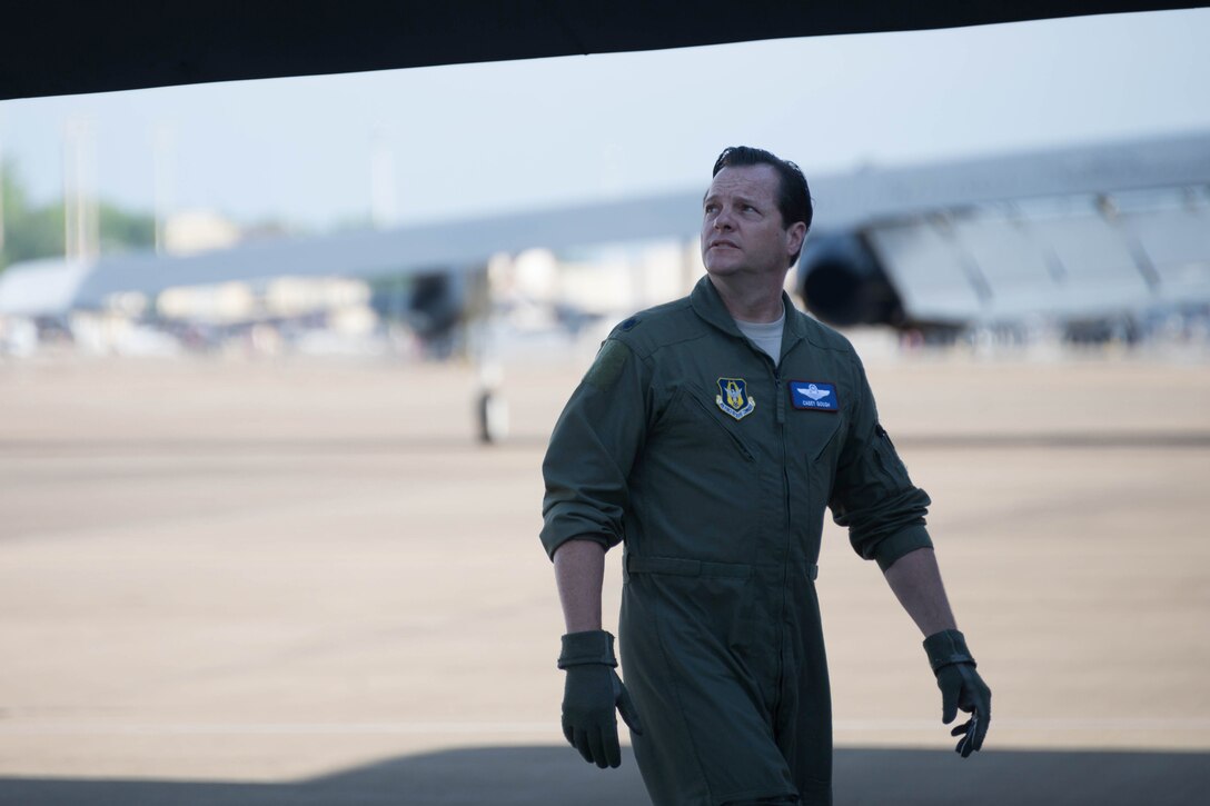 Airman checks out the outside of a B-52