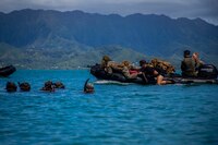 U.S. Marines with Lima Company, 3rd Battalion, 3d Marine Regiment, participate in an amphibious assault exercise, Marine Corps Base Hawaii, May 28, 2020. Bravo Company, 1st Battalion, 3d Marine Regiment, and Lima Company, 3rd Battalion, 3d Marine Regiment, conducted an amphibious assault exercise and military operations in urban terrain to increase littoral mobility proficiency in 3d Marine Regiment and advance the goals of the Commandant of the Marine Corps 2030 Force Design. (U.S. Marine Corps photo by Cpl. Matthew Kirk)