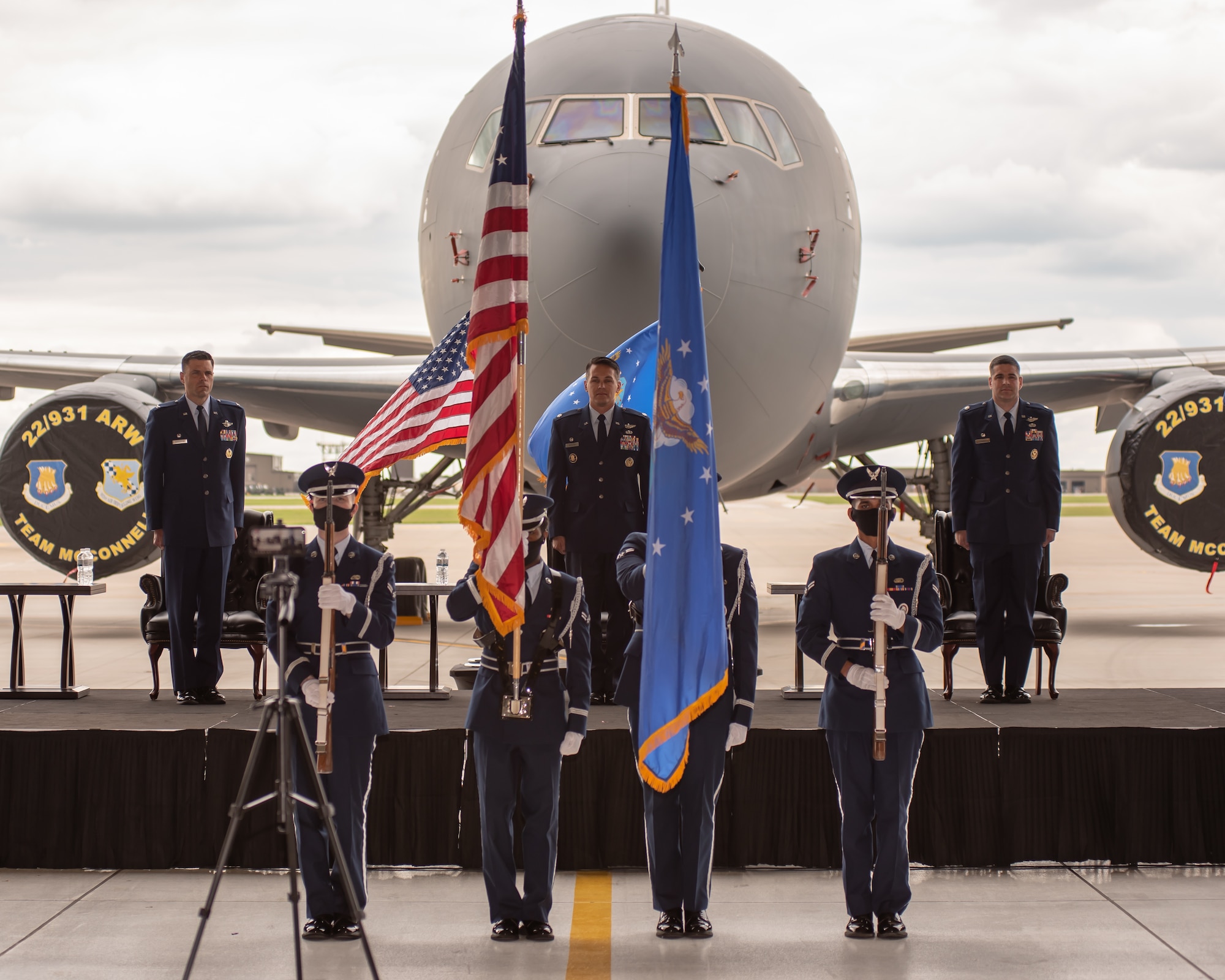 The base Honor Guard presents the colors during the 344th Air Refueling Squadron change of command ceremony May 27, 2020, at McConnell Air Force Base, Kansas. The 344th ARS is first unit in the Air Force to operate the KC-46A Pegasus, the latest generation of air refueling aircraft. (U.S. Air Force photo by Staff Sgt. Chris Thornbury)