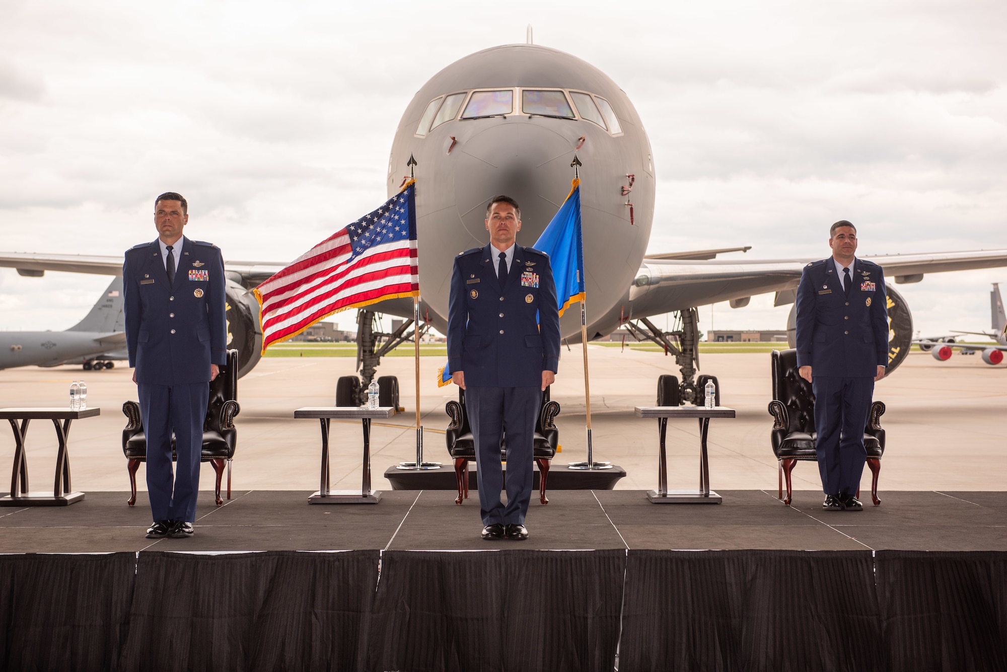 Lt. Col. Wesley Spurlock, 344th Air Refueling Squadron outgoing commander, center, is recognized during a change of command ceremony May 27, 2020, at McConnell Air Force Base, Kansas. Spurlock served as the commander of the 344th during the arrival of the KC-46A Pegasus. (U.S. Air Force photo by Staff Sgt. Chris Thornbury)