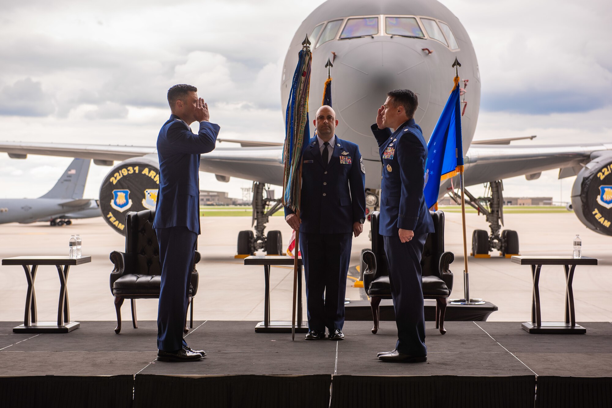 Lt. Col. Wesley Spurlock, right, relinquishes command of the 344th Air Refueling Squadron during a change of command ceremony May 27, 2020, at McConnell Air Force Base, Kansas. Spurlock led the 344th during its reorganization, introducing aircrew from many different airframes to the KC-46A Pegasus, the newest airframe to the Air Force’s air refueling inventory. (U.S. Air Force photo by Staff Sgt. Chris Thornbury)