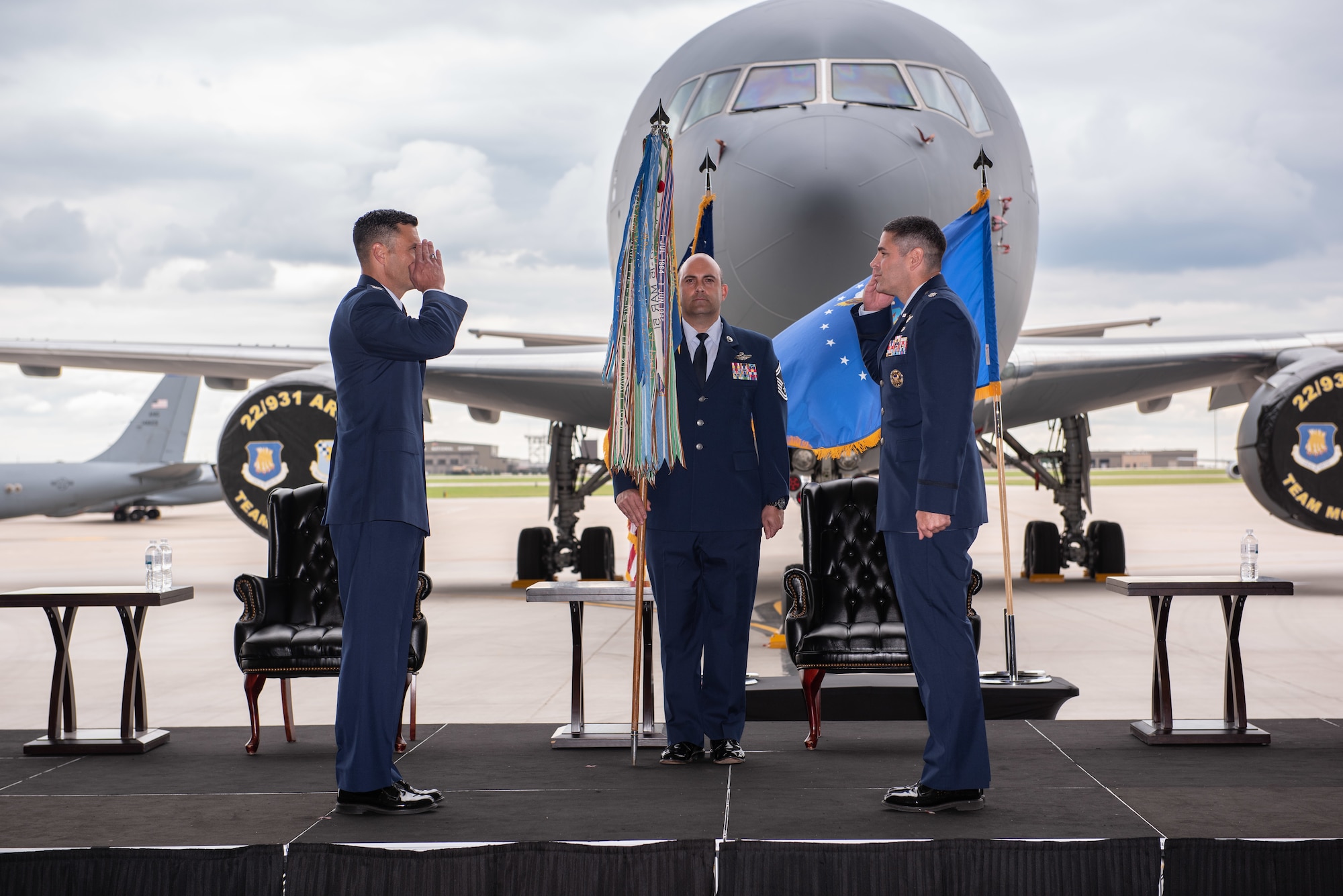 Lt. Col. Joshua Moores, right, accepts command of the 344th Air Refueling Squadron during a change of command ceremony May 27, 2020, at McConnell Air Force Base, Kansas. Under Moores’ command, the 344th will continue developing as the KC-46A Pegasus becomes fully mission capable. (U.S. Air Force photo by Staff Sgt. Chris Thornbury)
