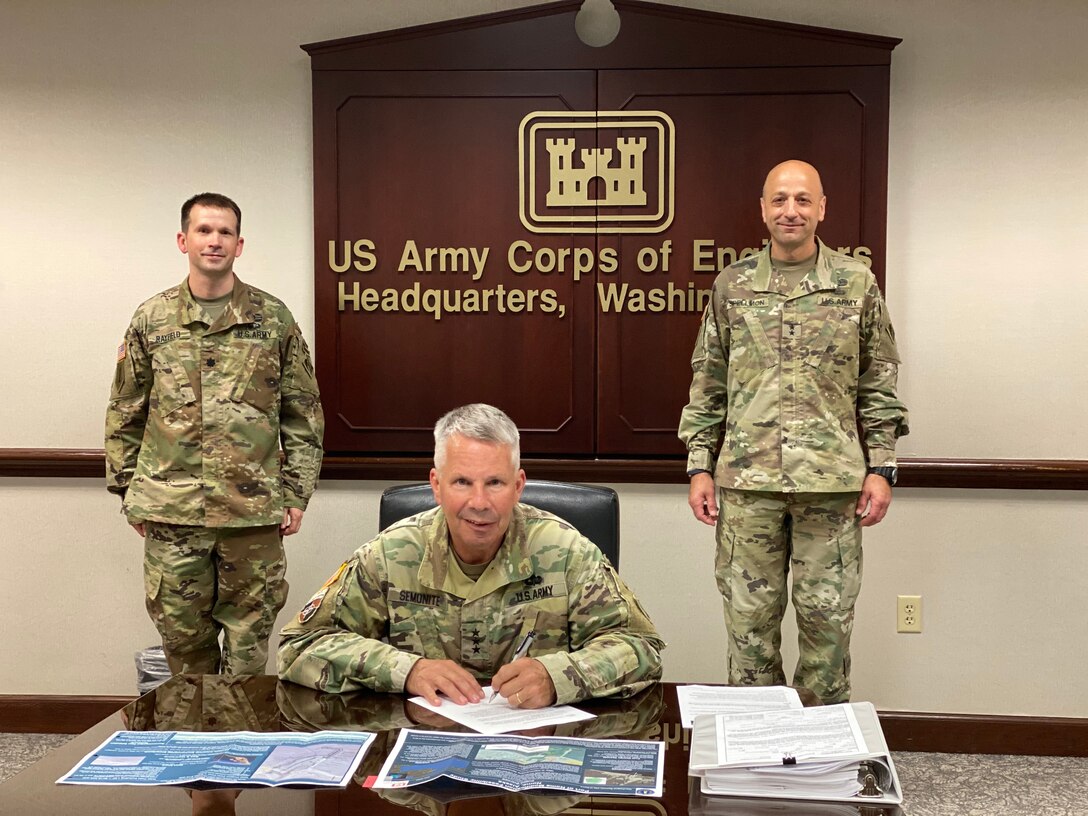 Lt. Gen. Todd T. Semonite, commanding general of the U.S. Army Corps of Engineers and 54th U.S. Army Chief of Engineers, signs the Chief’s Report for the Port of Nome Modification Feasibility Study.