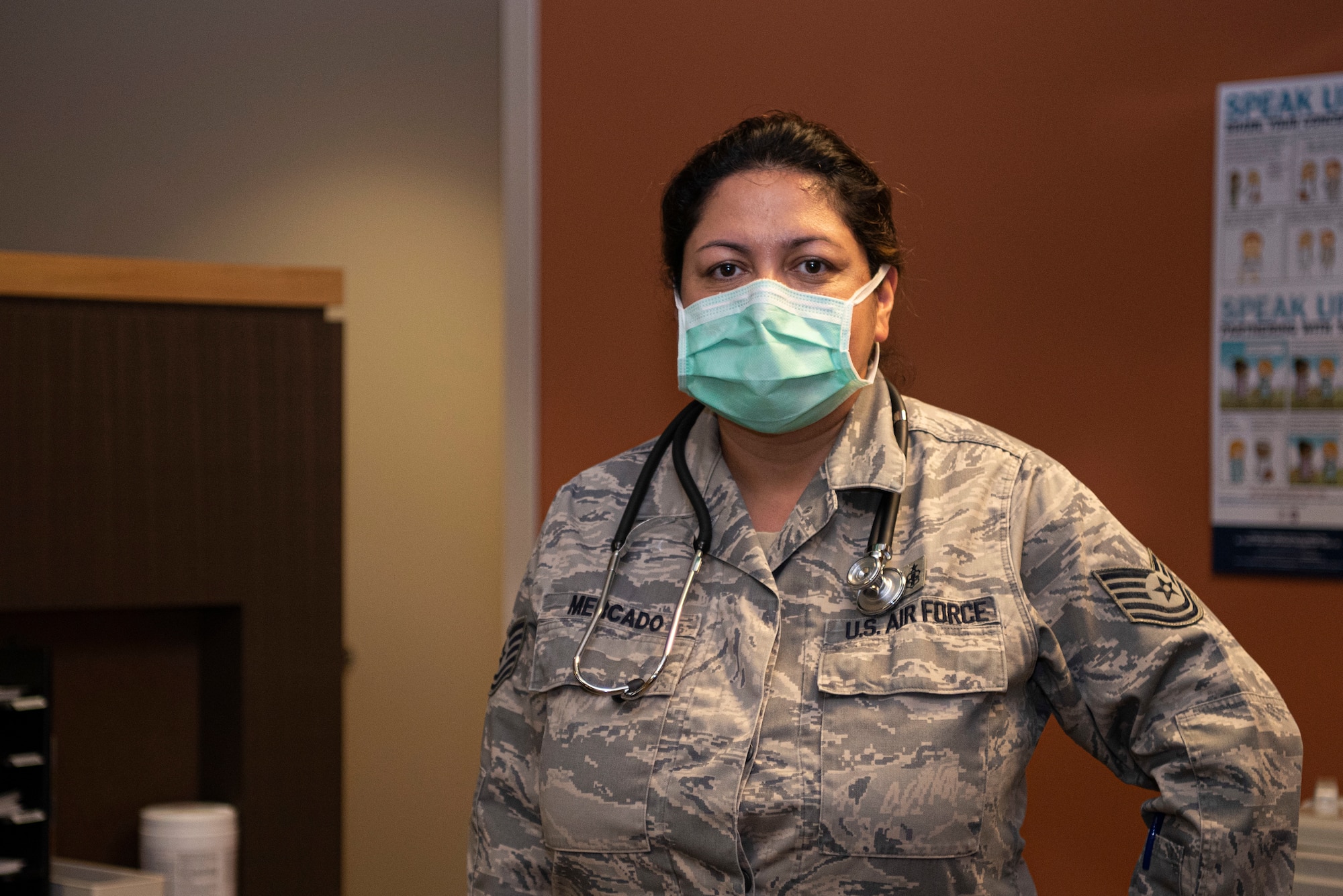 Tech. Sgt. Beatriz Mercado, 30th Medical Group medical technician, works at the front desk May 28, 2020, at Vandenberg Air Force Base, Calif. Throughout the COVID-19 pandemic, the 30th MDG has worked to ensure base personnel are provided with the most up-to-date guidance on COVID-19. They have also ensured that those with symptoms are able to get timely screenings and tests. (U.S. Air Force photo by Senior Airman Hanah Abercrombie)