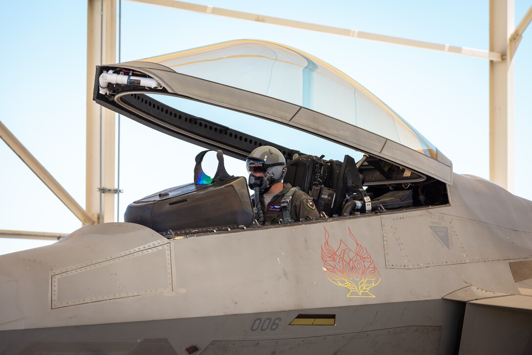 Maj. Benjamin Gilliland, 411th Flight Test Squadron, F-22 Raptor Combined Test Force, prepares an F-22 Raptor for takeoff at Edwards Air Force Base, California, April 30. Gilliland, along with Lt. Col. Tyler Robarge, 411th Flight Test Squadron, F-22 Raptor Combined Test Force, conducted an operational rapid crew swap with Robarge flying the first sortie and then swapped seats with Gilliland. (Photo courtesy of Kyle Larson/Lockheed-Martin)