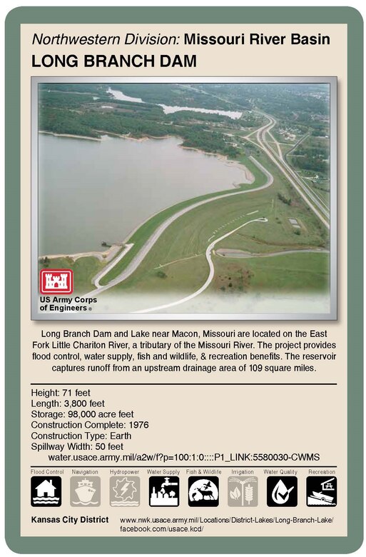 Living with dams is a shared responsibility and requires constant assessment, continuous communication and engagement with local public and emergency management agencies. The Kansas City District, U.S. Army Corps of Engineers, operates and manages 18 dams in Missouri, Kansas, Nebraska and Iowa. Flood control serves as the primary purpose of these dams. Corps reservoirs provide many other benefits including recreation activities.