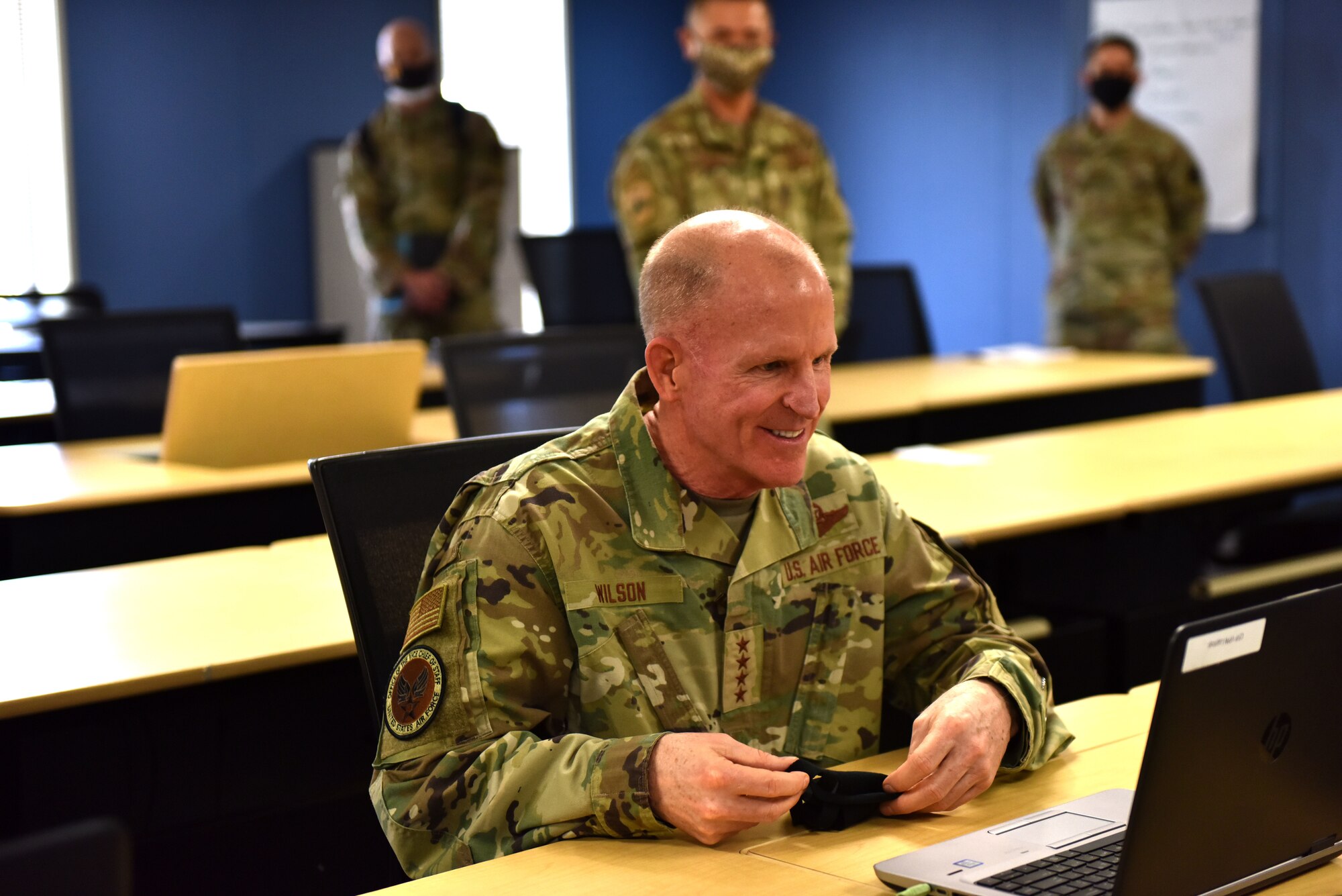 U.S. Air Force Gen. Stephen Wilson, vice chief of staff of the Air Force, interacts with an instructor through virtual means in a new unclassified classroom in the 316th Training Squadron computer lab on Goodfellow Air Force Base, Texas, May 29, 2020. Since COVID-19 the curriculum for some courses has been adapted to a hybrid version so that students have the ability to study outside of the classroom and interact with instructors virtually guaranteeing student and instructor safety during the pandemic. (U.S. Air Force photo by Senior Airman Seraiah Wolf)