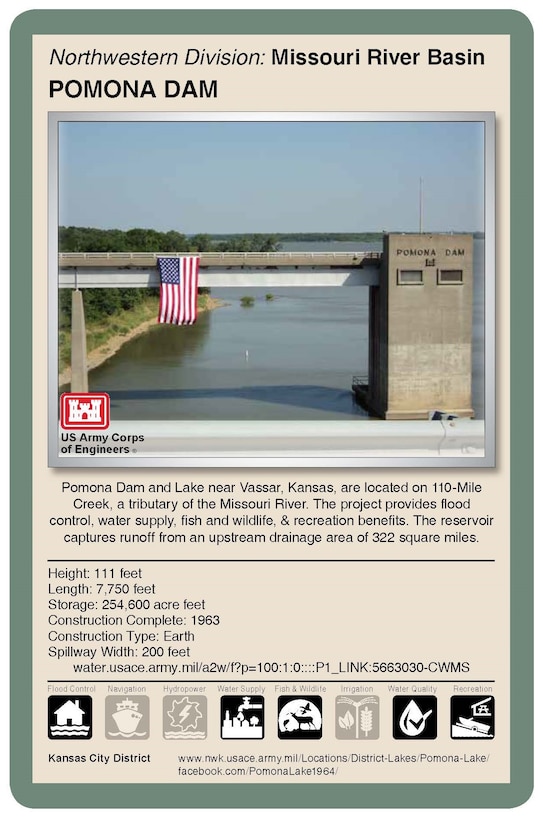 Living with dams is a shared responsibility and requires constant assessment, continuous communication and engagement with local public and emergency management agencies. The Kansas City District, U.S. Army Corps of Engineers, operates and manages 18 dams in Missouri, Kansas, Nebraska and Iowa. Flood control serves as the primary purpose of these dams. Corps reservoirs provide many other benefits including recreation activities.