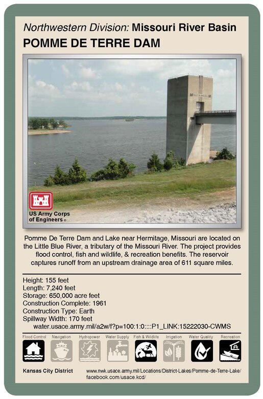 Living with dams is a shared responsibility and requires constant assessment, continuous communication and engagement with local public and emergency management agencies. The Kansas City District, U.S. Army Corps of Engineers, operates and manages 18 dams in Missouri, Kansas, Nebraska and Iowa. Flood control serves as the primary purpose of these dams. Corps reservoirs provide many other benefits including recreation activities.