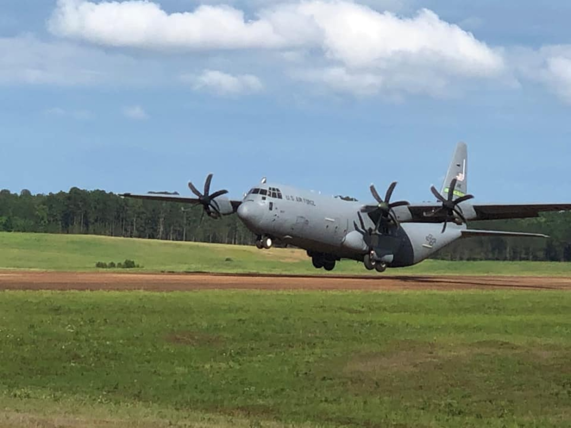 A C-130J Super Hercules assigned to Little Rock Air Force Base lands on a dirt landing zone near Fort Polk, Louisiana, May 26, 2020. Currently, 41st Airlift Squadron aircrews are pivoting training requirements to focus on deployment specific skills in preparation for their four-month rotation to the Central Command area of responsibility later this year. (Courtesy photo)