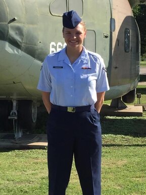 U.S. Air Force Airman Madison Chadderdon poses for a photograph after graduating from basic military training in San Antonio, Texas, Oct. 12, 2018.