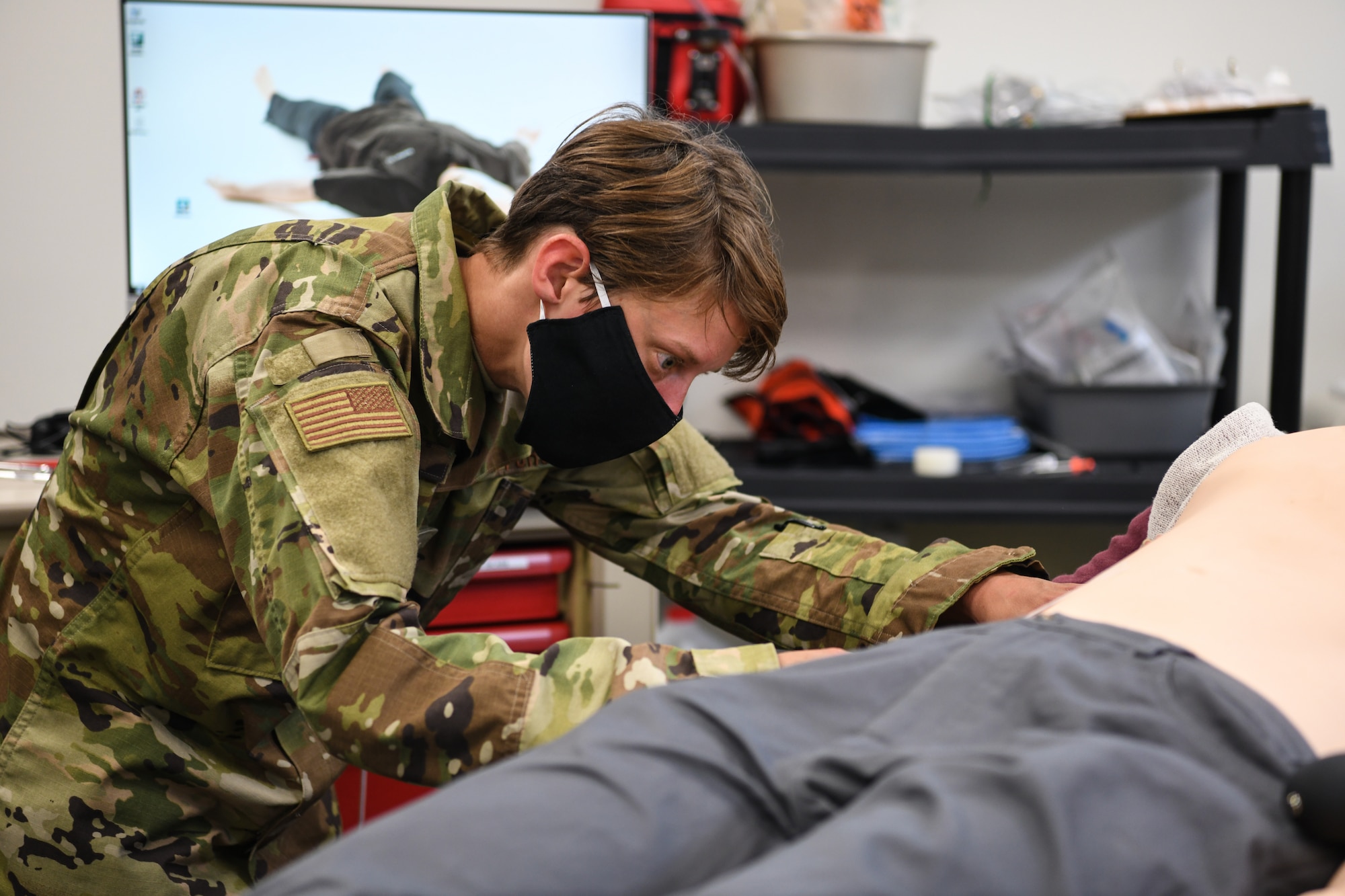 Staff Sgt. Alexandra Ackerman, an aerospace medical technician assigned to the 910th Medical Squadron, tests the functions of a trauma SimMan Sept. 12, 2020, at the 910th MDS building at Youngstown Air Reserve Station.