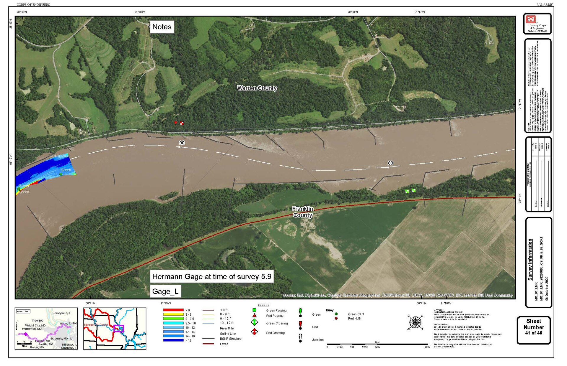 Example of survey results on Missouri River chart compiled on Oct. 6, 2020 and available at https://www.nwk.usace.army.mil/Missions/Civil-Works/Navigation/ [on the right hand side, scroll down the screen]. The surveys are also emailed out to navigators on a distribution list for the daily boat reports. Each survey is titled as to the portion of the river that was surveyed.

You can also put a shortcut on your phone to a web app at: www.nwk.usace.army.mil/navigation which gives shortcuts to the most-use reports relating to the river and our reservoirs including a link to the most recent surveys. Both Apple and Android have our downloadable app for phones or other mobile devices at the appropriate app store. Searc¬h for “USACE Kansas City District”.